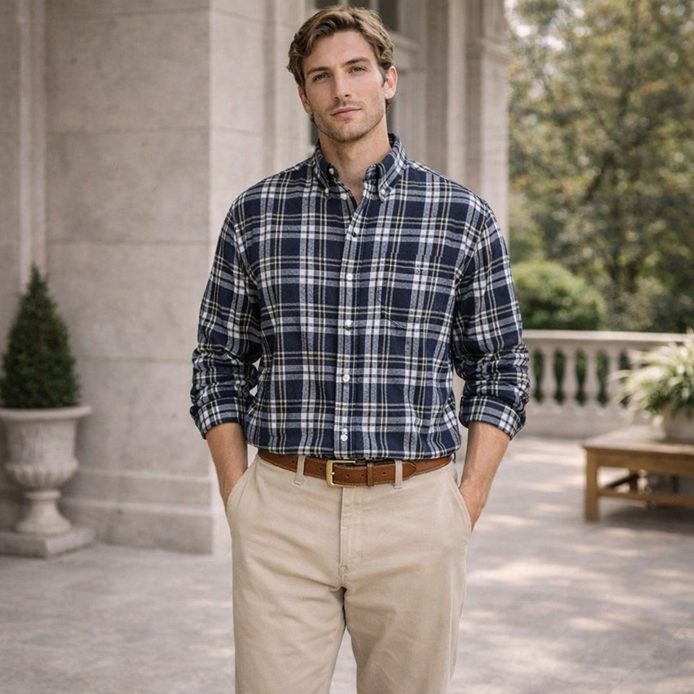Vintage CHAPS RALPH LAUREN Plaid Shirt XL Flannel Cotton Navy‎ Blue Men's 234746
